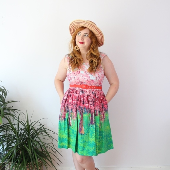 Modcloth Spring Cherry Blossom Dress Pockets Belt Bright Japan Trip - Picture 4 of 8
